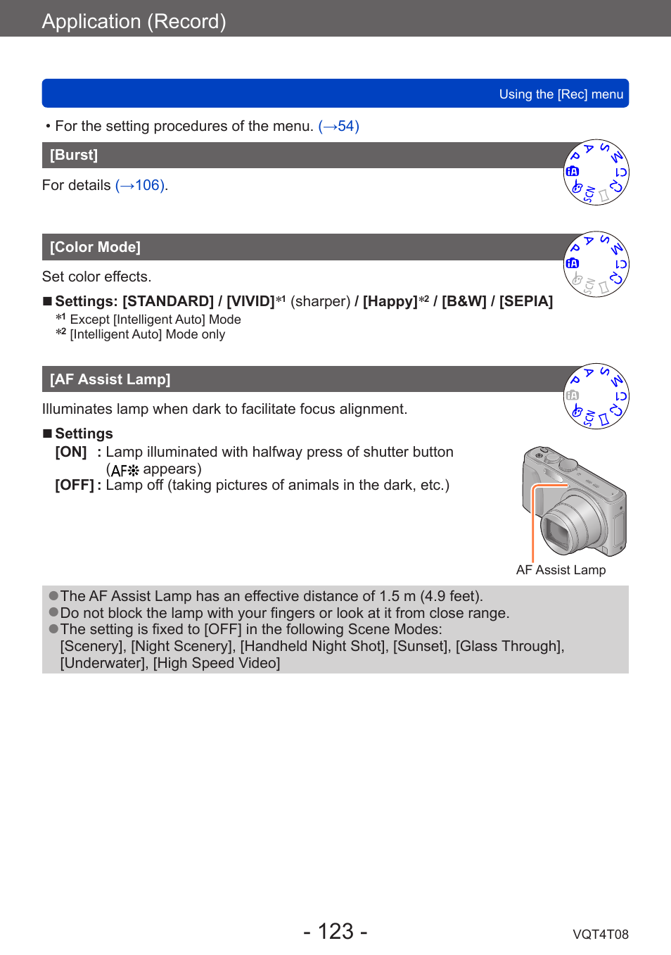 Burst, Color mode, Af assist lamp | Application (record) | Panasonic DMC-ZS30K User Manual | Page 123 / 314