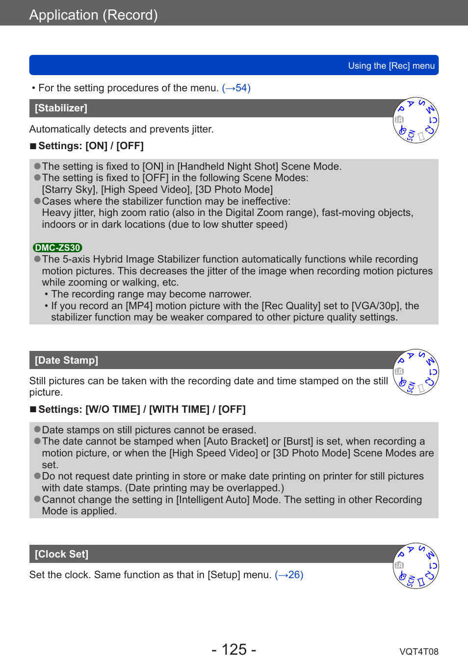 Stabilizer, Date stamp, Clock set | Application (record) | Panasonic DMC-ZS30K User Manual | Page 125 / 314