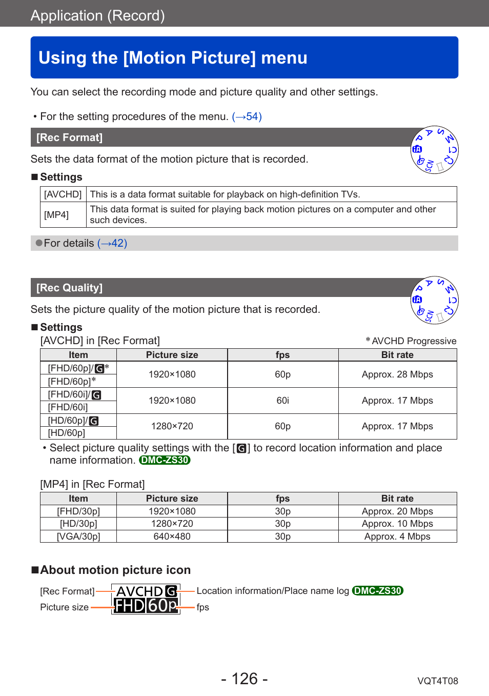 Using the [motion picture] menu, Rec format, Rec quality | Application (record) | Panasonic DMC-ZS30K User Manual | Page 126 / 314