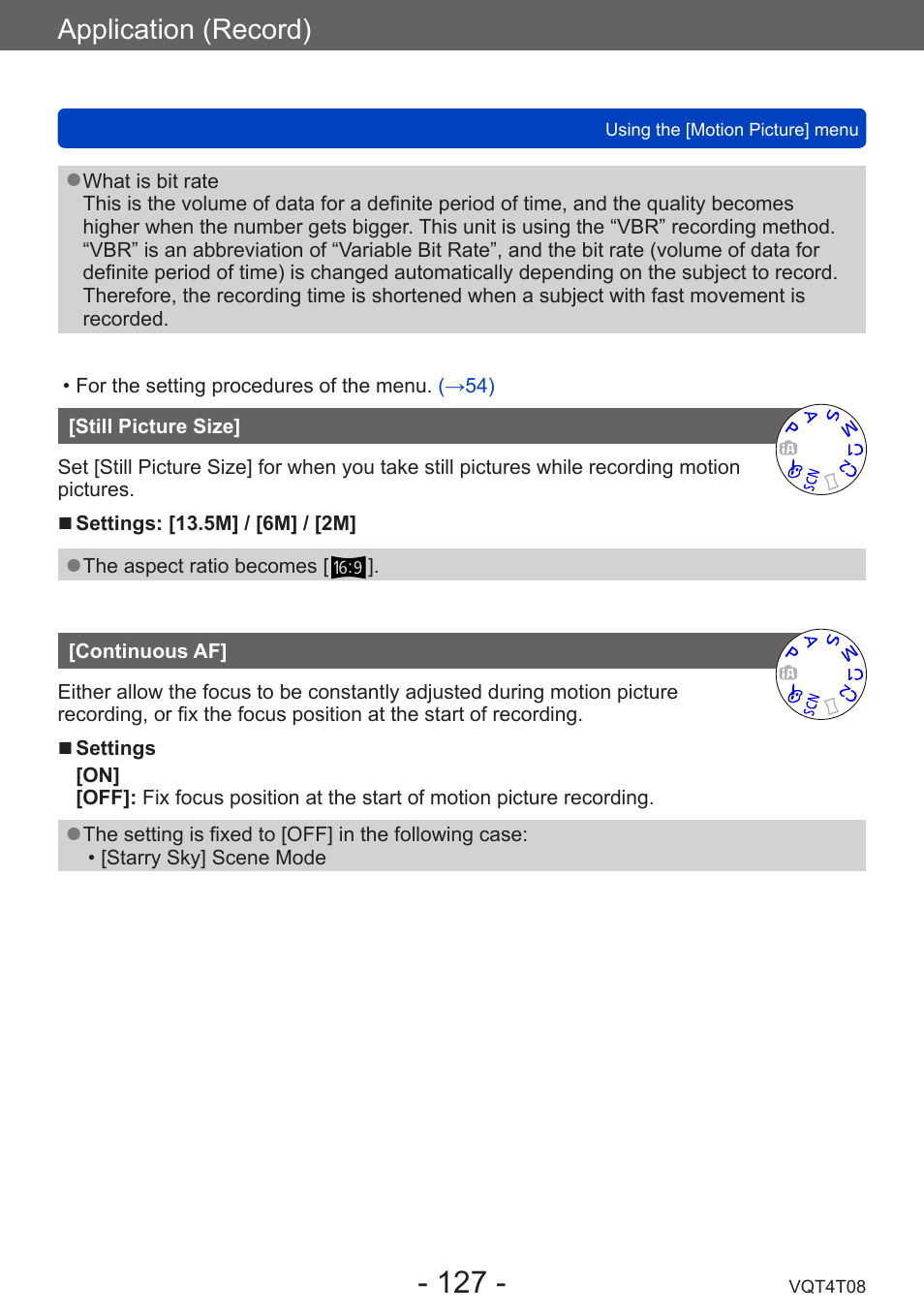 Still picture size, Continuous af, Application (record) | Panasonic DMC-ZS30K User Manual | Page 127 / 314