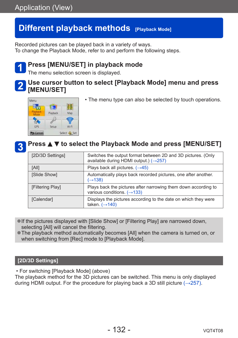 Different playback methods [playback mode, 2d/3d settings, Different playback methods | Playback mode, Application (view), Press [menu/set] in playback mode | Panasonic DMC-ZS30K User Manual | Page 132 / 314