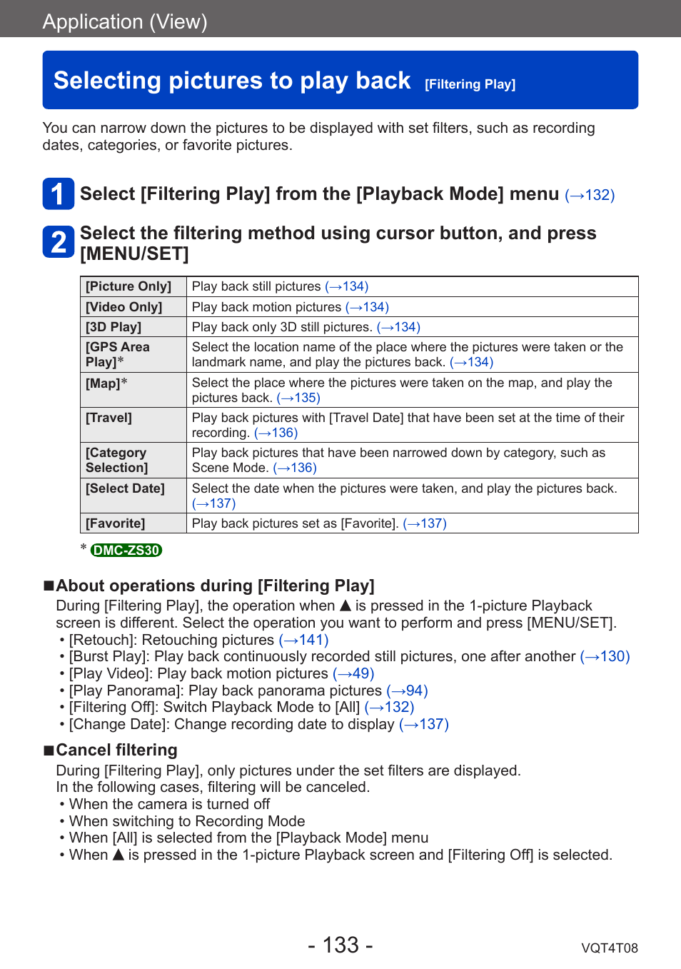 Selecting pictures to play back [filtering play, Selecting pictures to play back, Filtering play | Application (view) | Panasonic DMC-ZS30K User Manual | Page 133 / 314