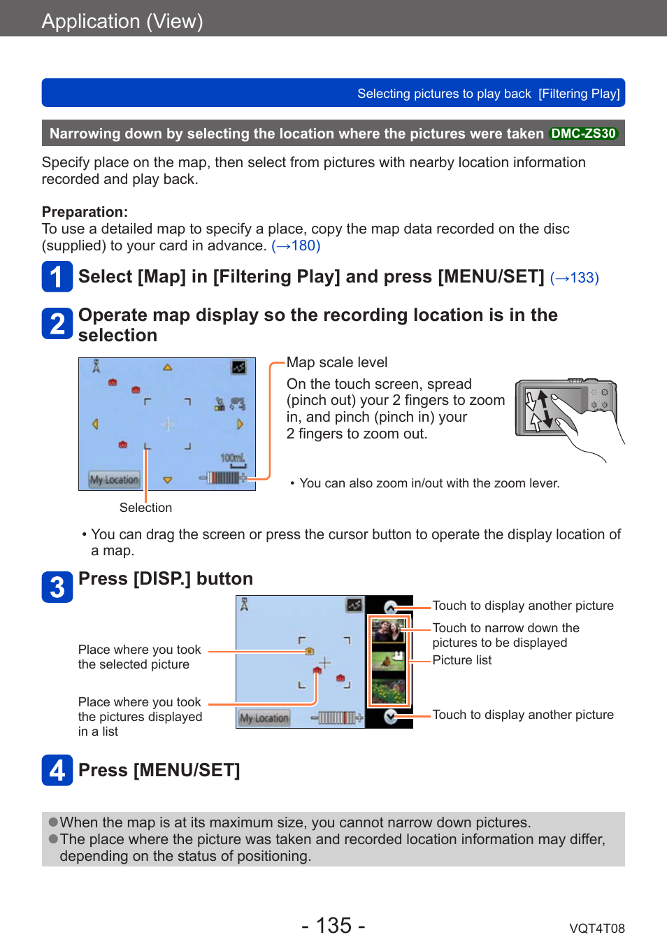 Narrowing down by selecting the location, Where the pictures were taken, Dmc-zs30 | Application (view), Press [disp.] button, Press [menu/set | Panasonic DMC-ZS30K User Manual | Page 135 / 314