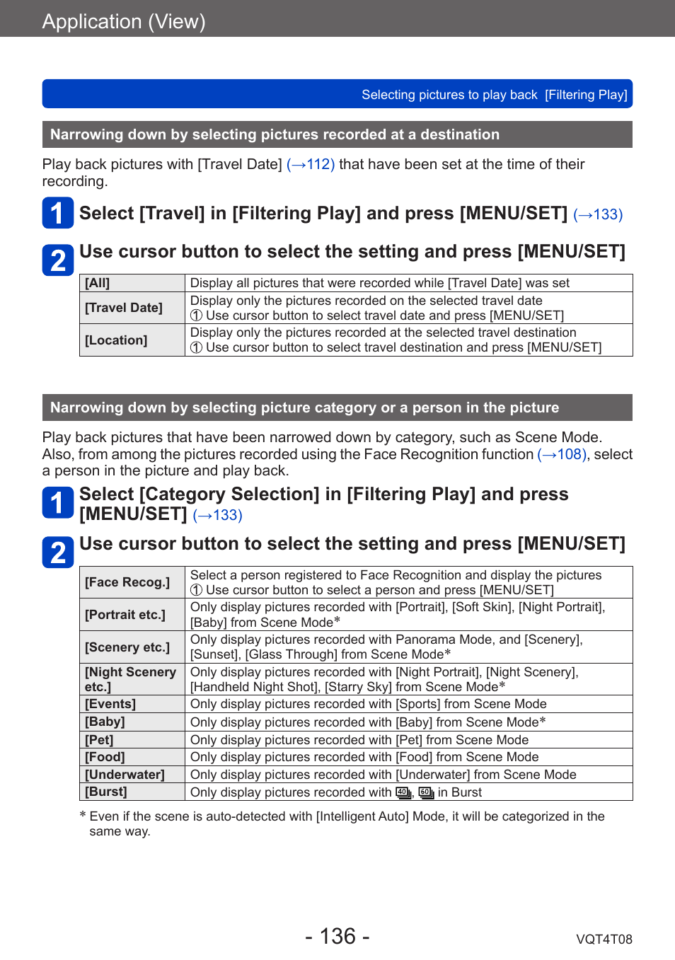 Narrowing down by selecting pictures, Recorded at a destination, Narrowing down by selecting picture | Category or a person in the picture, Application (view) | Panasonic DMC-ZS30K User Manual | Page 136 / 314