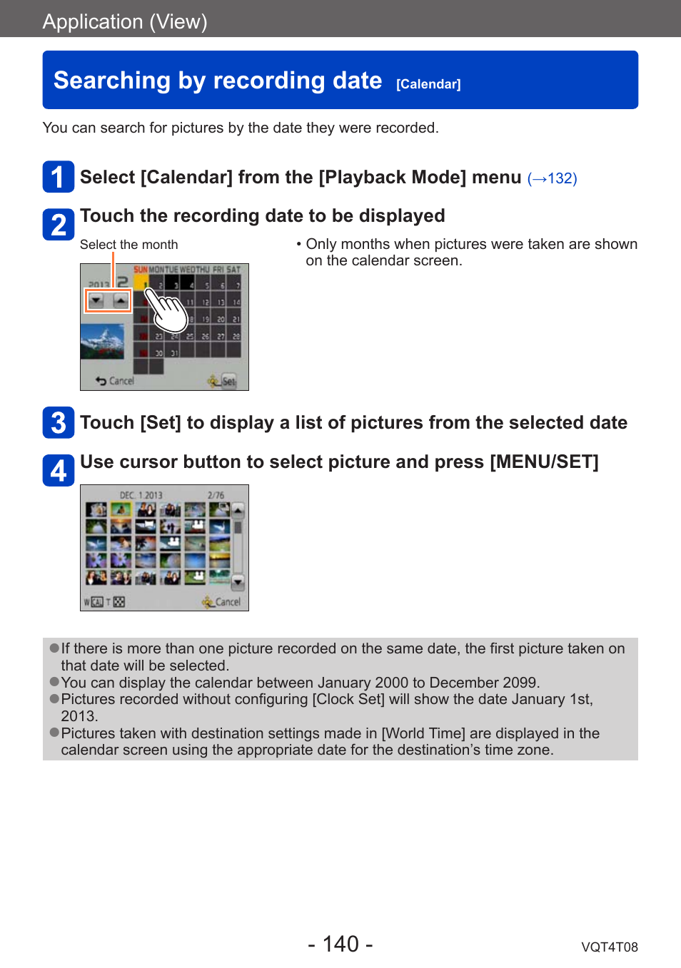 Searching by recording date [calendar, Searching by recording date, Calendar | Panasonic DMC-ZS30K User Manual | Page 140 / 314