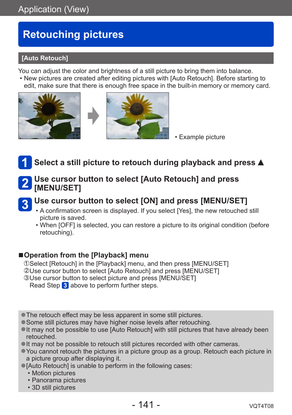 Retouching pictures, Auto retouch | Panasonic DMC-ZS30K User Manual | Page 141 / 314