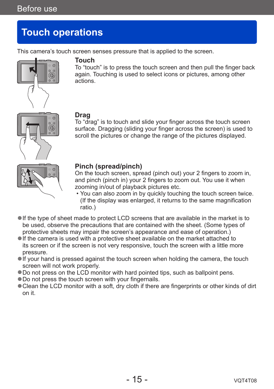 Touch operations, Before use | Panasonic DMC-ZS30K User Manual | Page 15 / 314