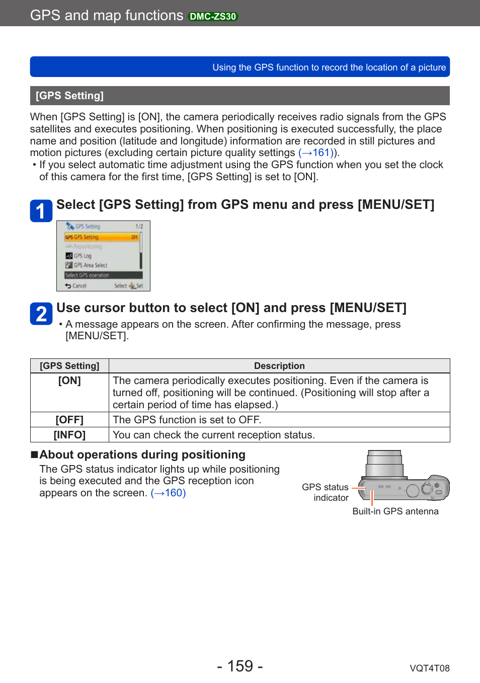 Gps setting, Gps and map functions | Panasonic DMC-ZS30K User Manual | Page 159 / 314