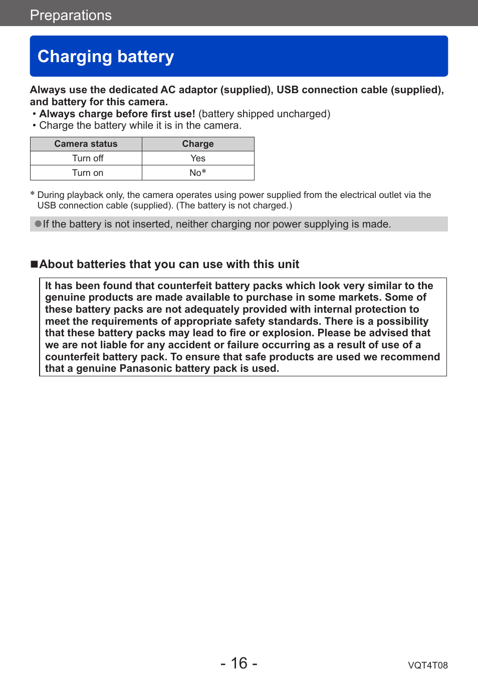 Preparations, Charging battery | Panasonic DMC-ZS30K User Manual | Page 16 / 314
