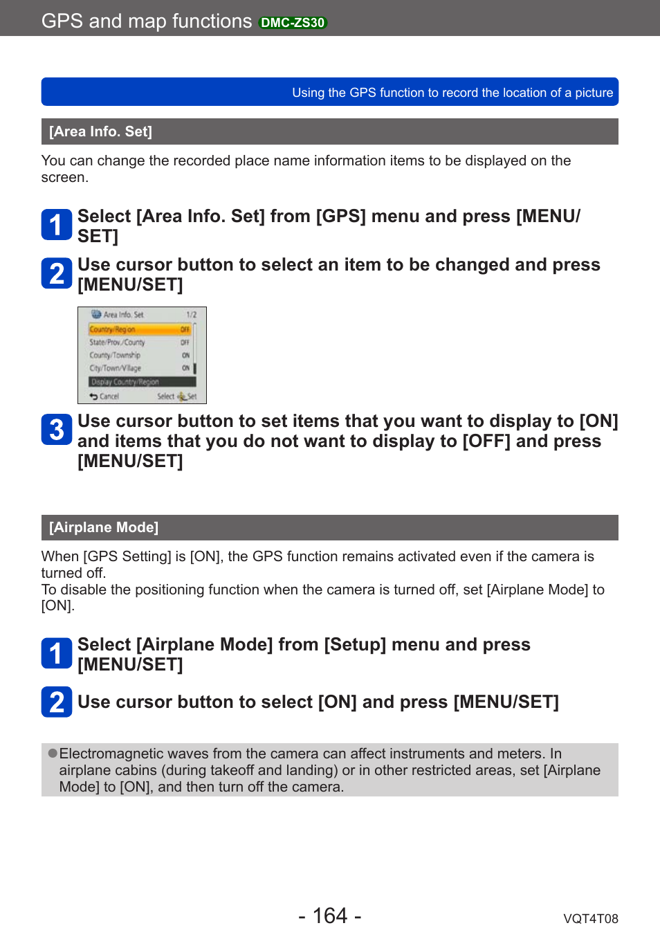 Area info. set, Airplane mode, Gps and map functions | Panasonic DMC-ZS30K User Manual | Page 164 / 314