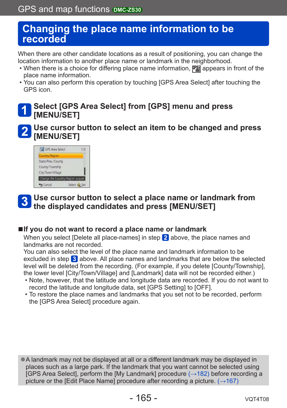 Changing the place name information to be recorded, Changing the place name, Information to be recorded | Gps and map functions | Panasonic DMC-ZS30K User Manual | Page 165 / 314