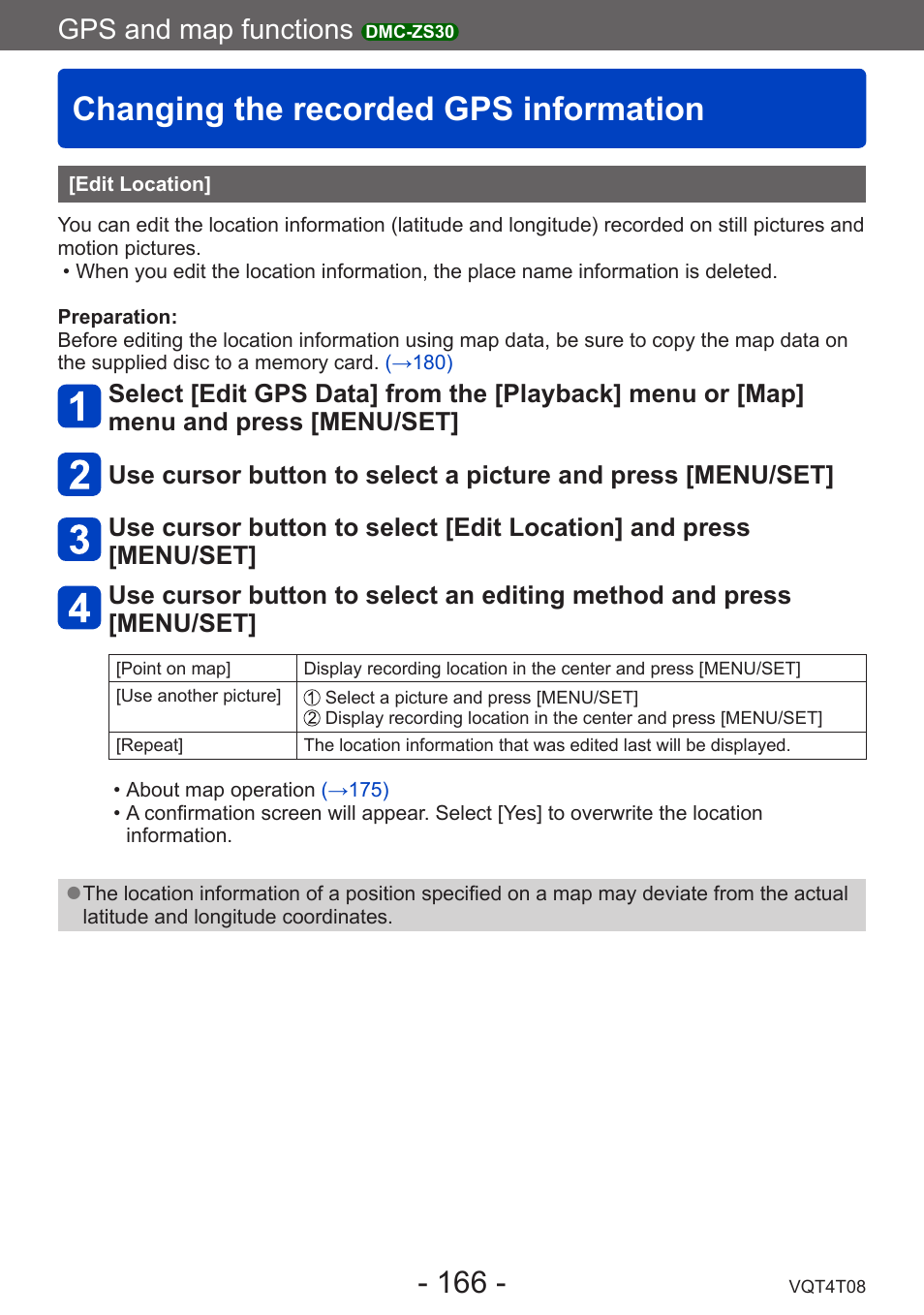 Changing the recorded gps information, Edit location, Changing the recorded gps | Information, Gps and map functions | Panasonic DMC-ZS30K User Manual | Page 166 / 314