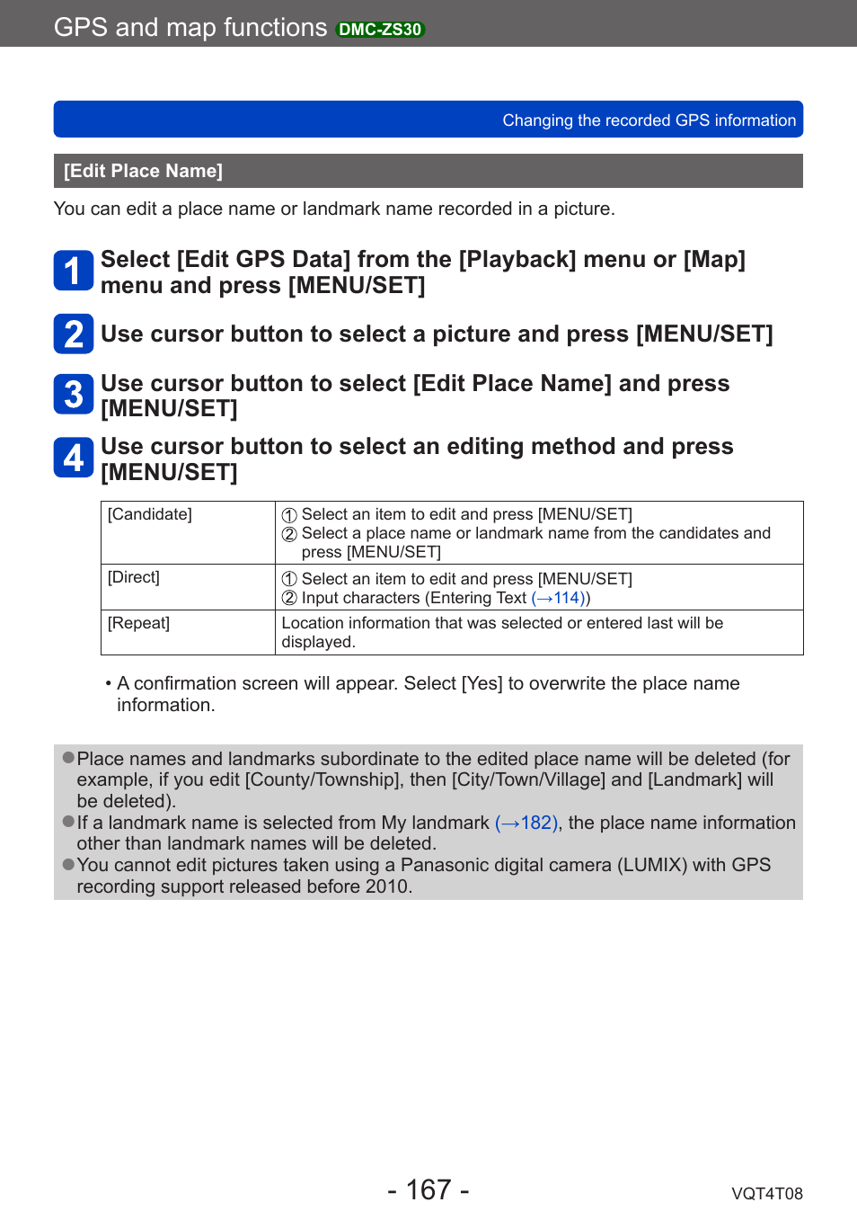 Edit place name, Gps and map functions | Panasonic DMC-ZS30K User Manual | Page 167 / 314