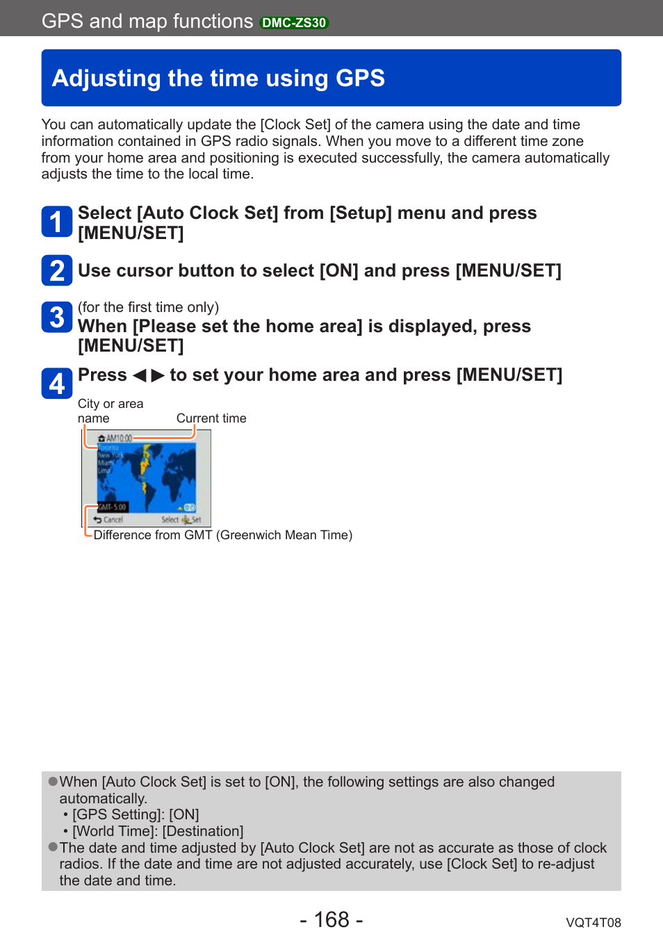 Adjusting the time using gps, Gps and map functions | Panasonic DMC-ZS30K User Manual | Page 168 / 314