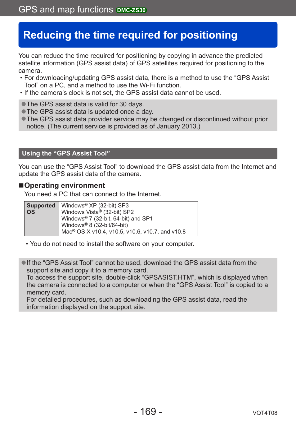 Reducing the time required for positioning, Using the “gps assist tool, Reducing the time required for | Positioning, Gps and map functions | Panasonic DMC-ZS30K User Manual | Page 169 / 314
