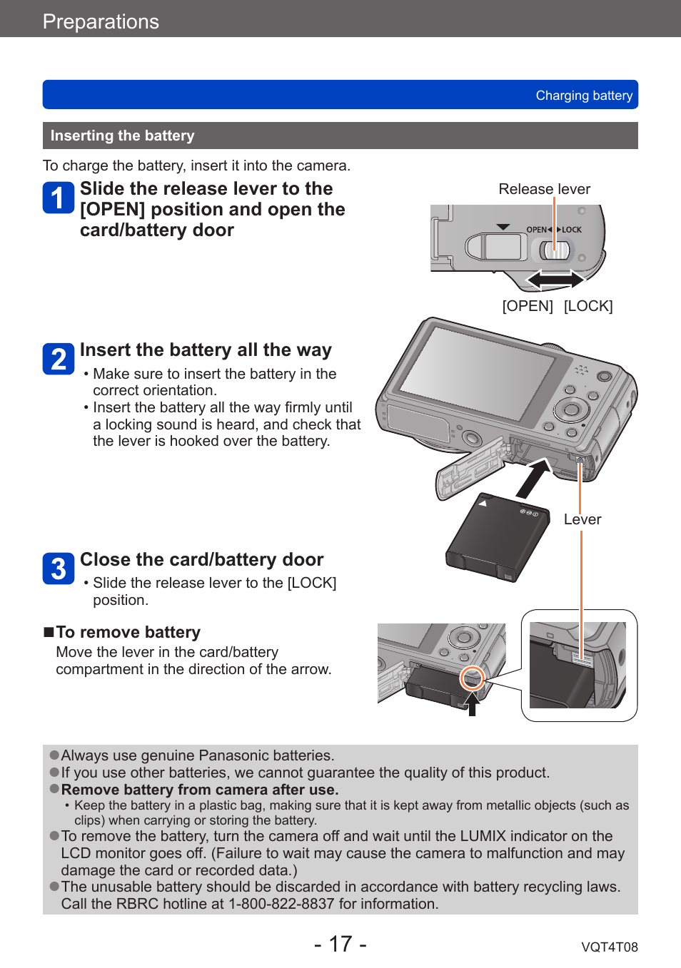 Inserting the battery, Preparations | Panasonic DMC-ZS30K User Manual | Page 17 / 314