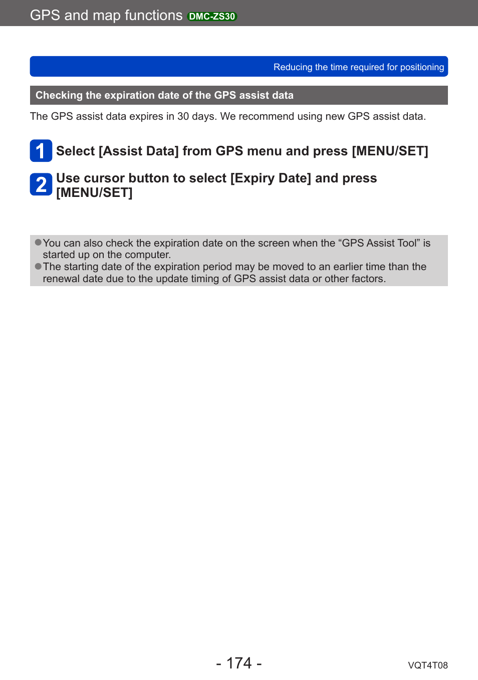 Checking the expiration date of the, Gps assist data, Gps and map functions | Panasonic DMC-ZS30K User Manual | Page 174 / 314