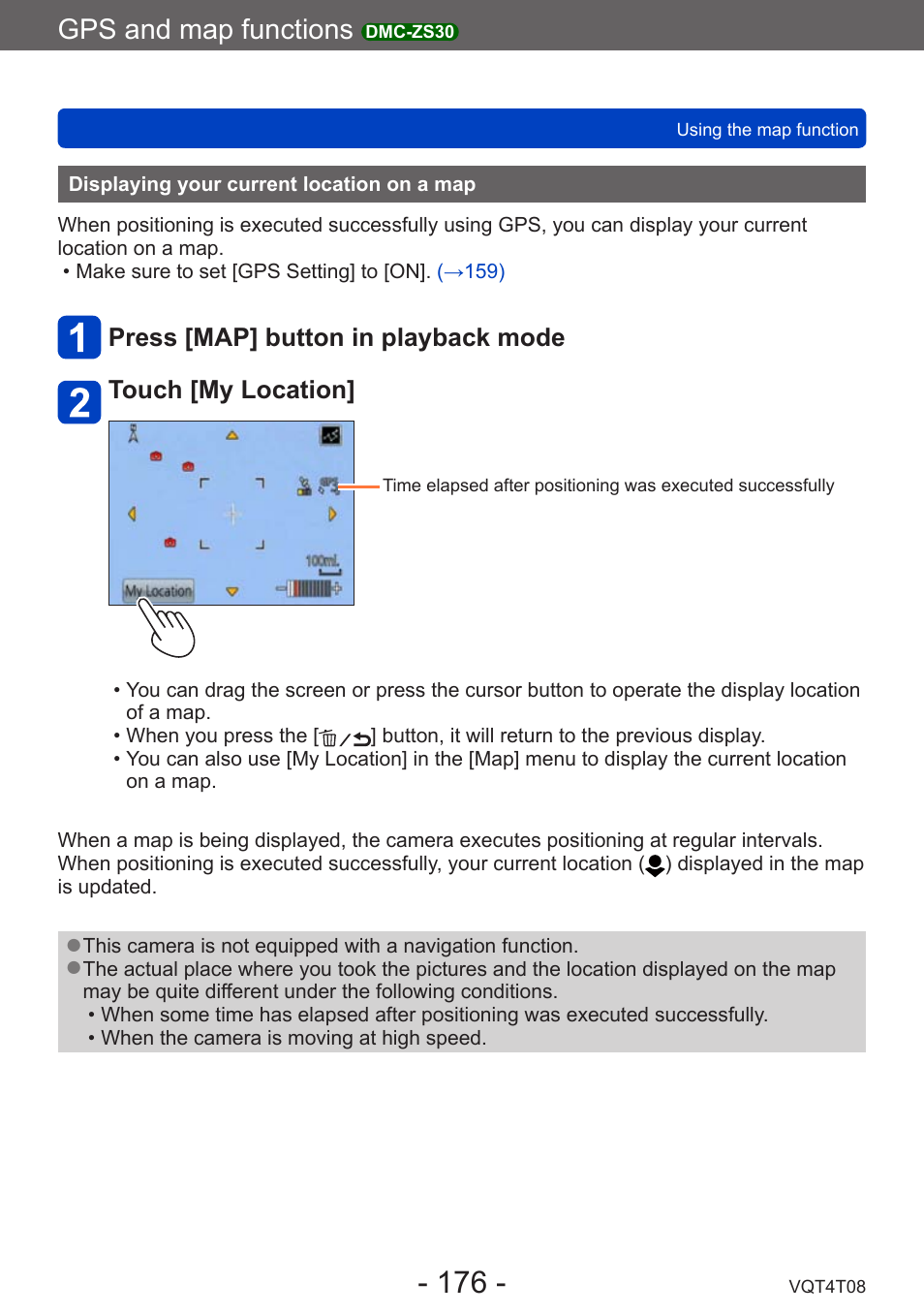 Displaying your current location on a map, Displaying your current location, On a map | Gps and map functions | Panasonic DMC-ZS30K User Manual | Page 176 / 314