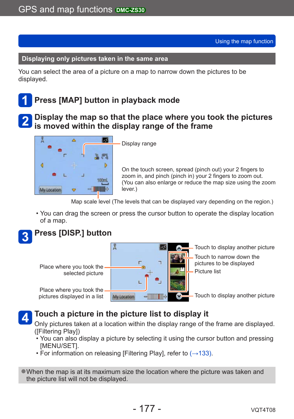 Displaying only pictures taken in the same area, Displaying only pictures taken in the, Same area | Gps and map functions, Press [disp.] button, Touch a picture in the picture list to display it | Panasonic DMC-ZS30K User Manual | Page 177 / 314
