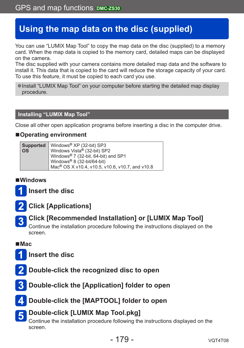 Using the map data on the disc (supplied), Installing “lumix map tool, Using the map data on the disc | Supplied), Gps and map functions | Panasonic DMC-ZS30K User Manual | Page 179 / 314