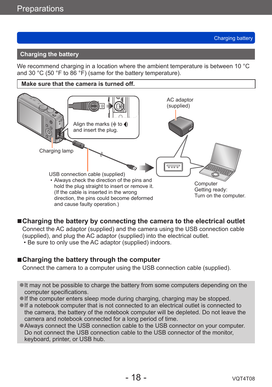 Charging the battery, Preparations | Panasonic DMC-ZS30K User Manual | Page 18 / 314