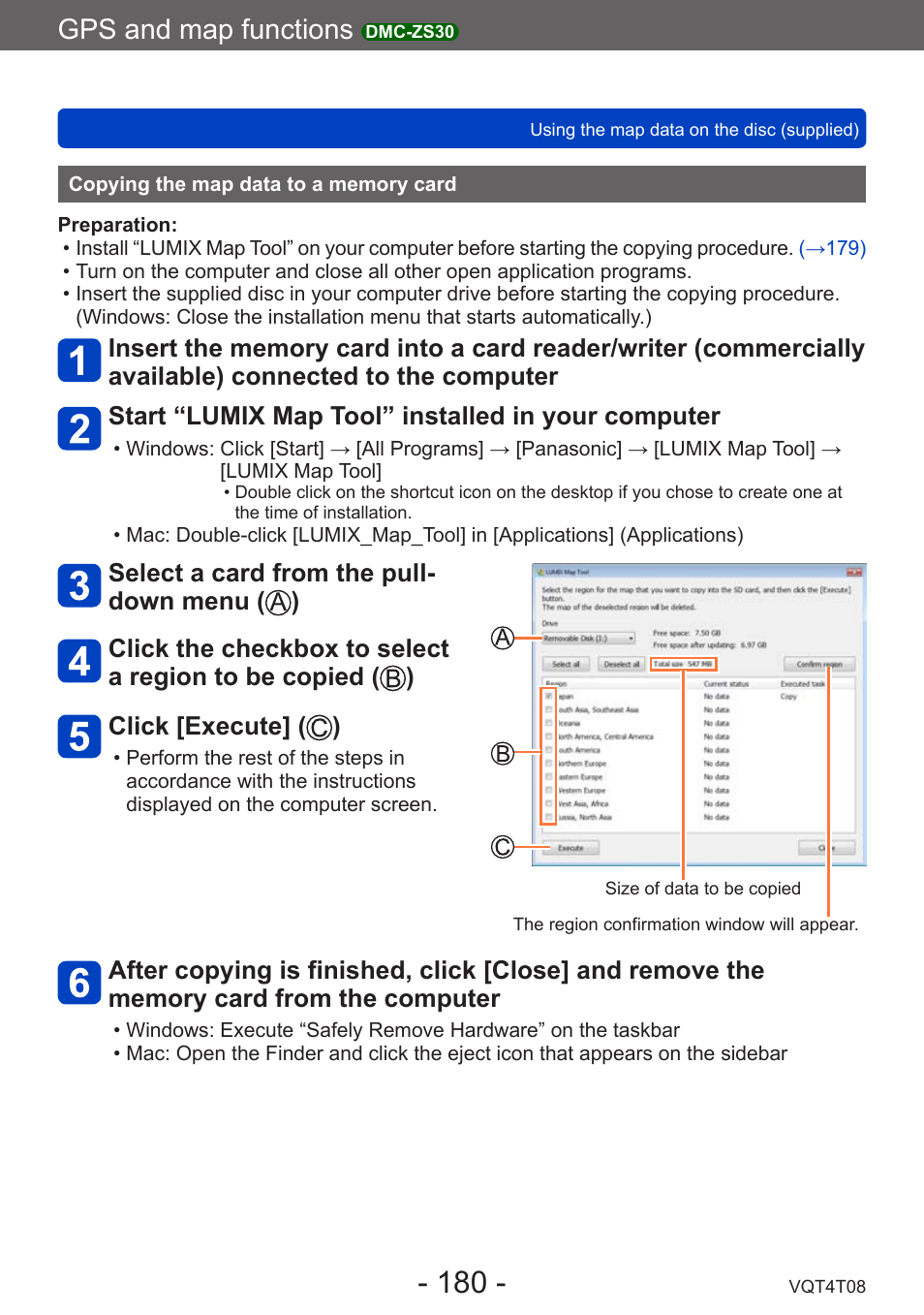 Copying the map data to a memory card, Gps and map functions, Select a card from the pull- down menu ( ) | Panasonic DMC-ZS30K User Manual | Page 180 / 314