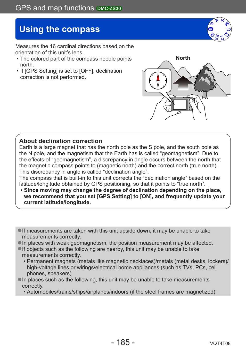 Using the compass, Gps and map functions | Panasonic DMC-ZS30K User Manual | Page 185 / 314