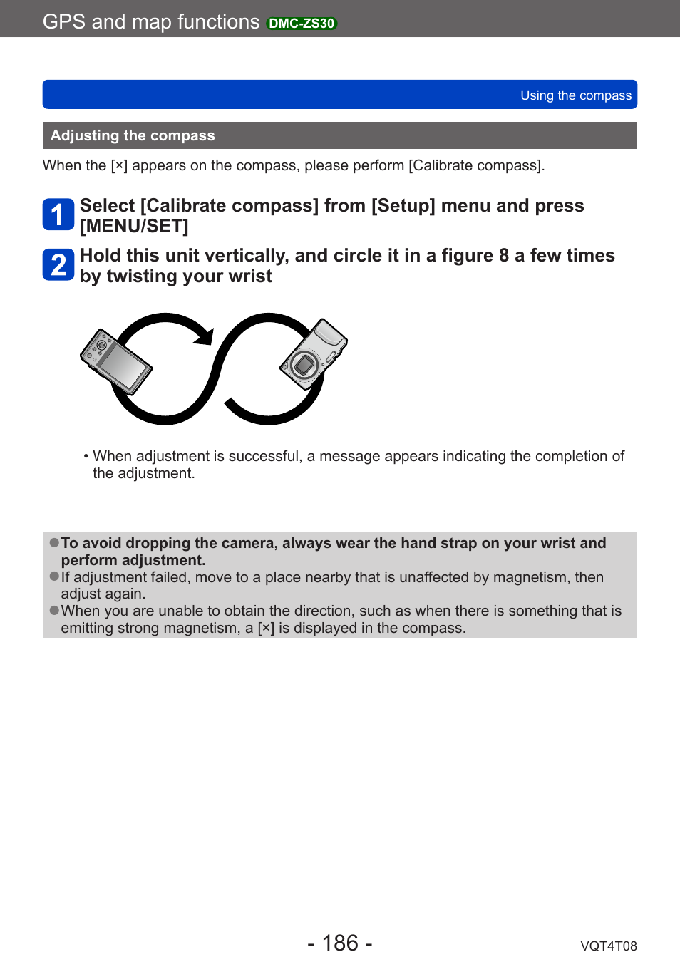 Adjusting the compass, Gps and map functions | Panasonic DMC-ZS30K User Manual | Page 186 / 314
