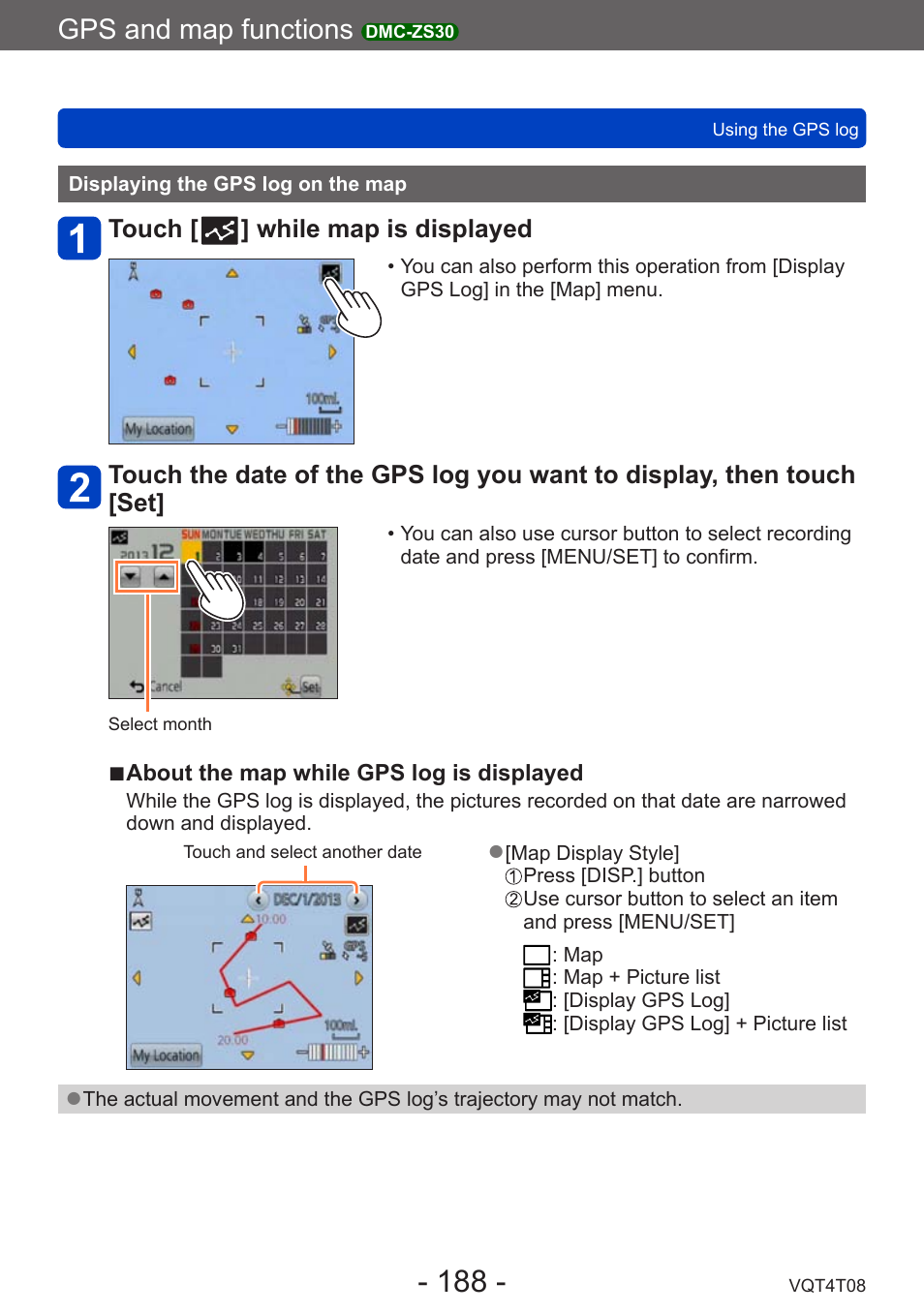 Displaying the gps log on the map, Gps and map functions | Panasonic DMC-ZS30K User Manual | Page 188 / 314