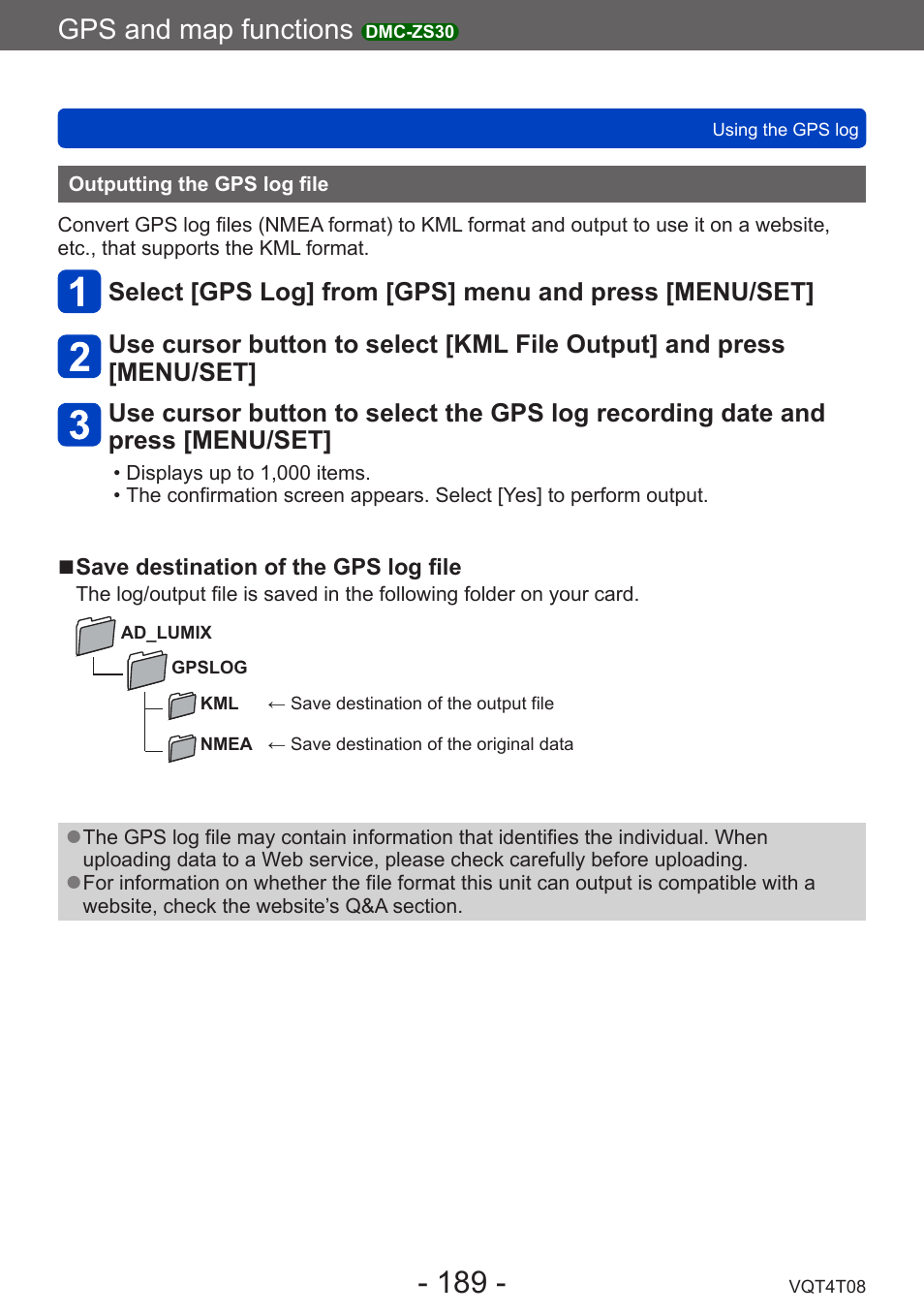 Outputting the gps log file, Gps and map functions | Panasonic DMC-ZS30K User Manual | Page 189 / 314