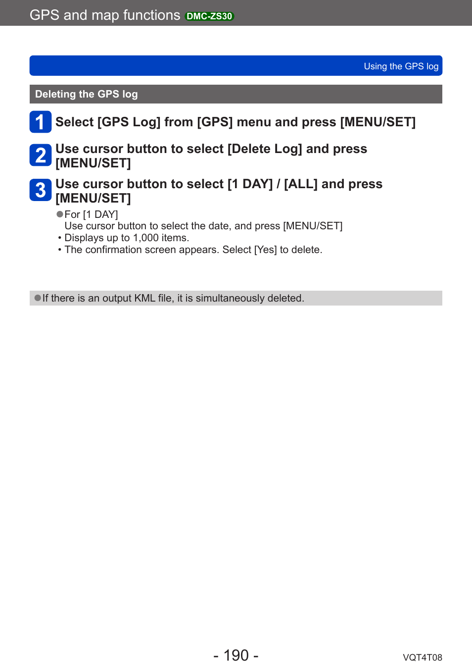 Deleting the gps log, Gps and map functions | Panasonic DMC-ZS30K User Manual | Page 190 / 314