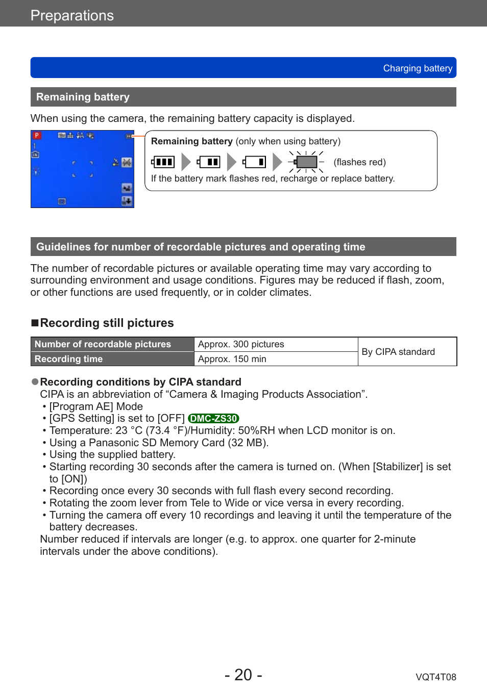 Remaining battery, Guidelines for number of recordable, Pictures and operating time | Preparations | Panasonic DMC-ZS30K User Manual | Page 20 / 314