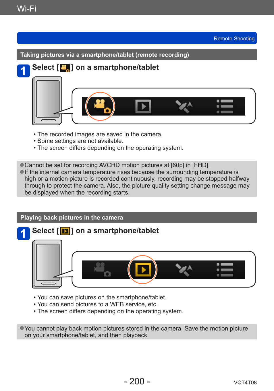 Playing back pictures in the camera, Taking pictures via a smartphone/tablet, Remote recording) | Wi-fi | Panasonic DMC-ZS30K User Manual | Page 200 / 314