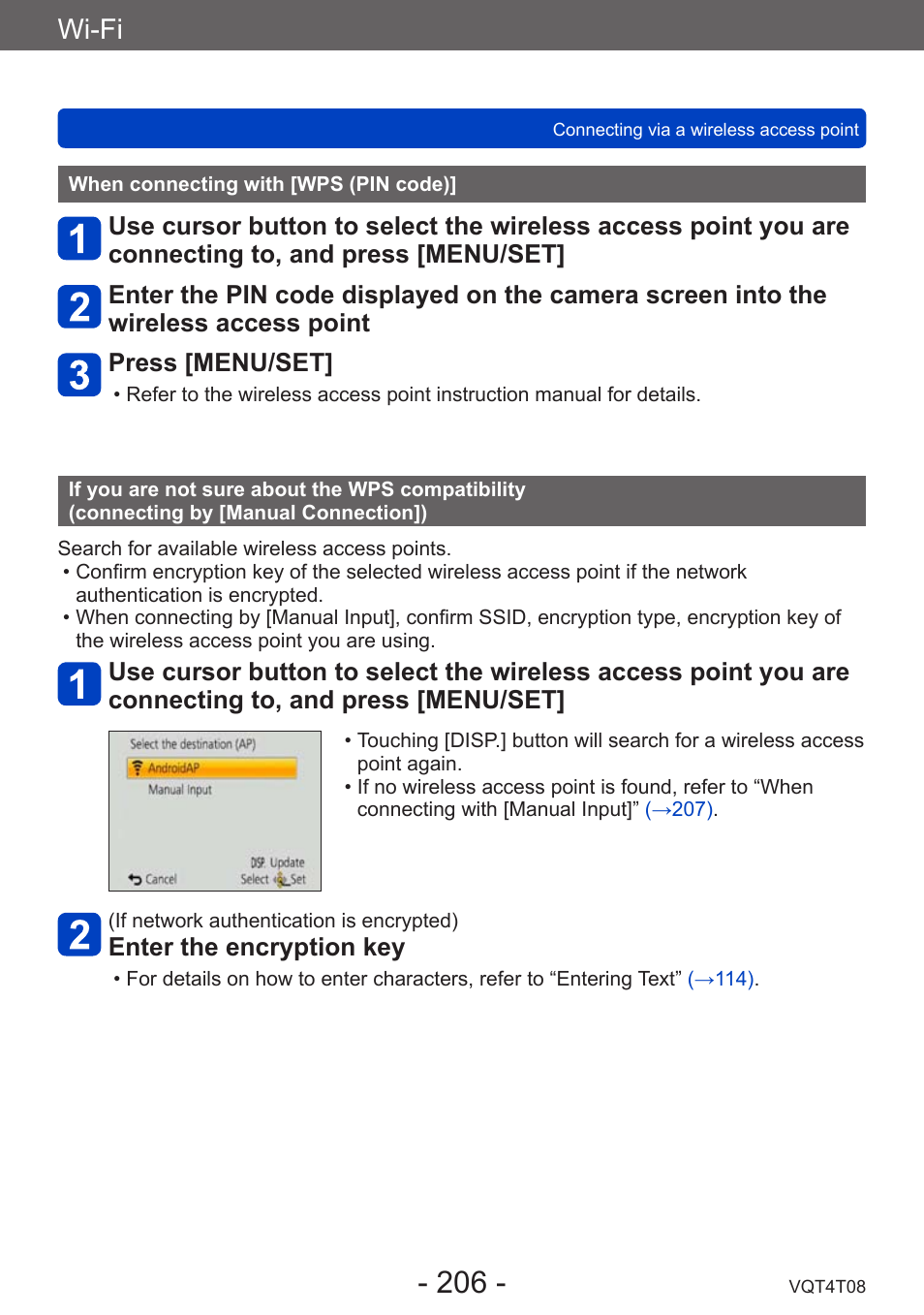 When connecting with [wps (pin code), When connecting with, Wps (pin code) | If you are not sure about the wps, Compatibility, Connecting by [manual connection]), Wi-fi, Enter the encryption key | Panasonic DMC-ZS30K User Manual | Page 206 / 314