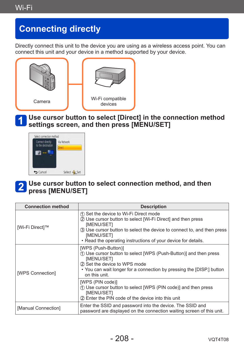Connecting directly, Wi-fi | Panasonic DMC-ZS30K User Manual | Page 208 / 314