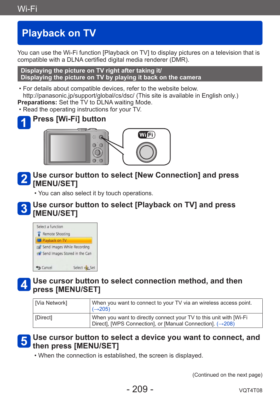 Playback on tv, Displaying the picture on tv right after, Taking it/displaying the picture on tv by | Playing it back on the camera, Wi-fi | Panasonic DMC-ZS30K User Manual | Page 209 / 314