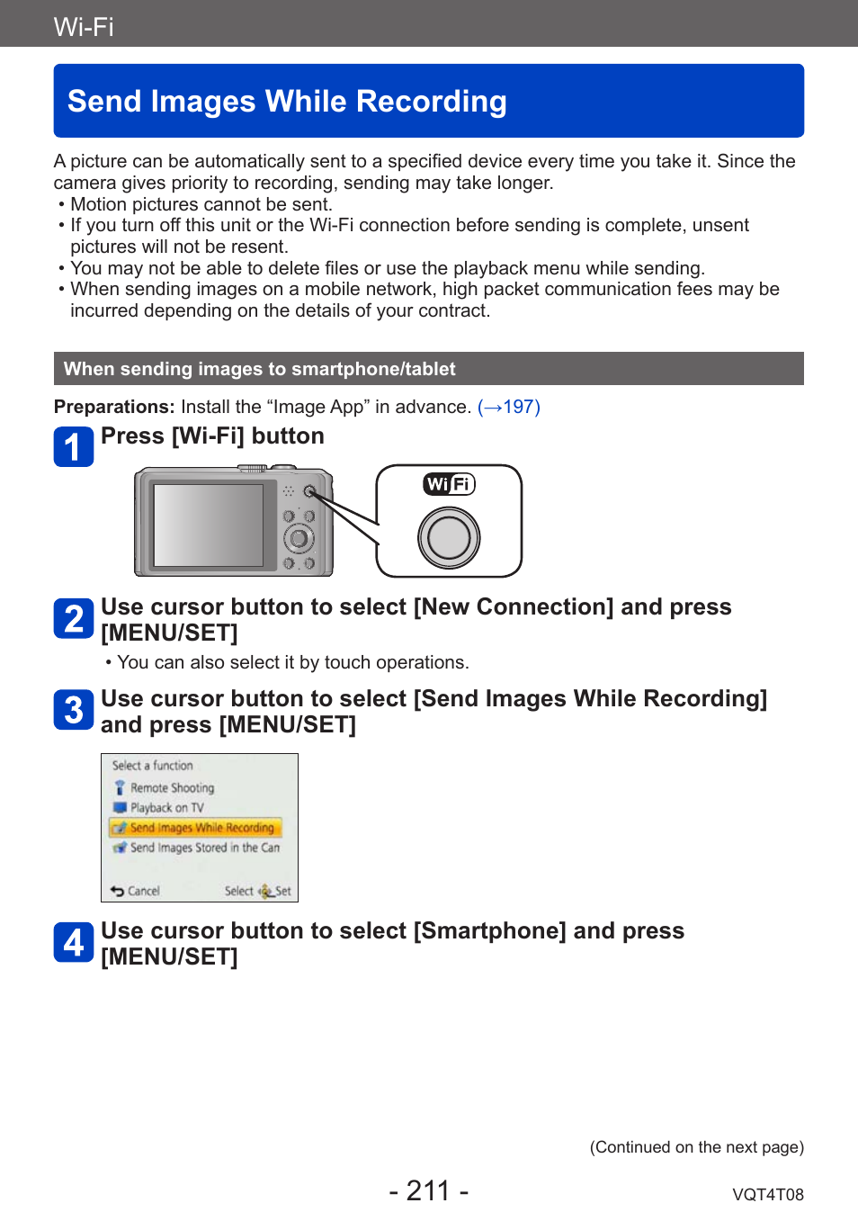 Send images while recording, When sending images to smartphone/tablet, When sending images to | Smartphone/tablet, Wi-fi | Panasonic DMC-ZS30K User Manual | Page 211 / 314