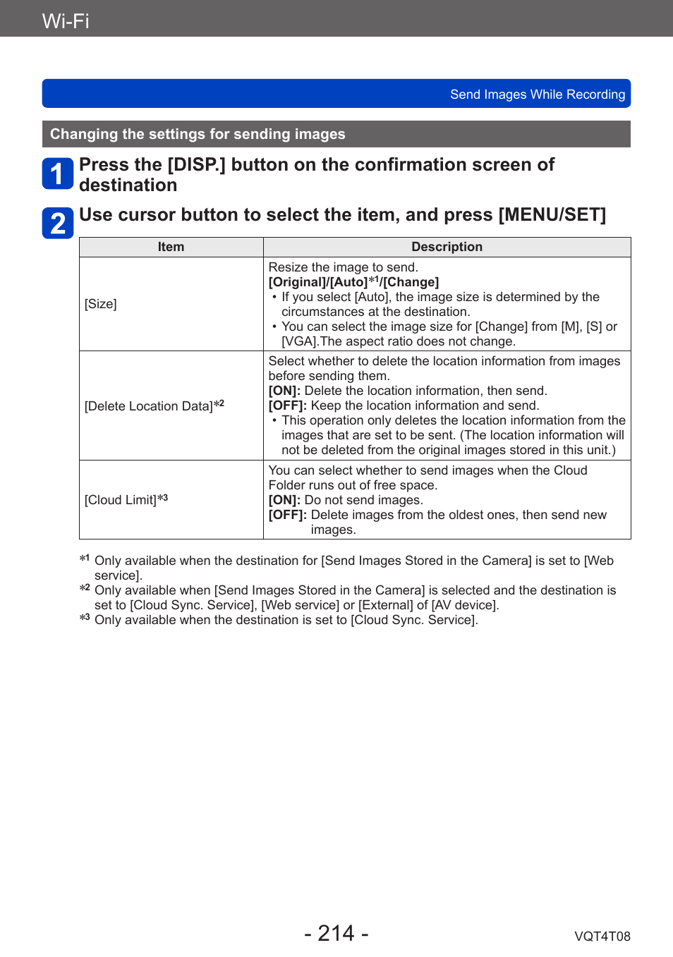Changing the settings for sending images, Changing the settings for, Sending images | Wi-fi | Panasonic DMC-ZS30K User Manual | Page 214 / 314
