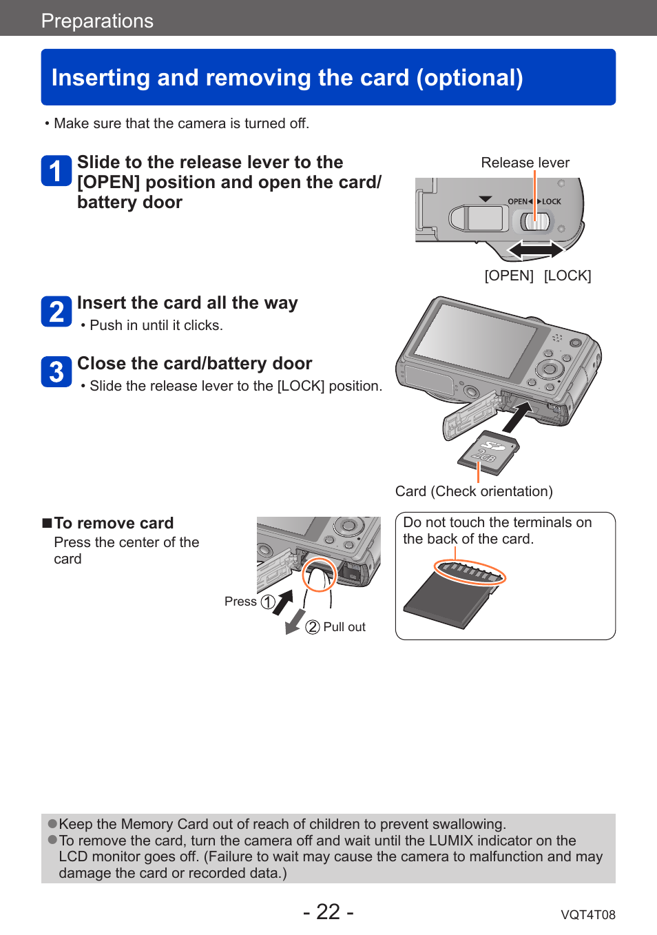 Inserting and removing the card (optional), Inserting and removing the card, Optional) | Preparations | Panasonic DMC-ZS30K User Manual | Page 22 / 314