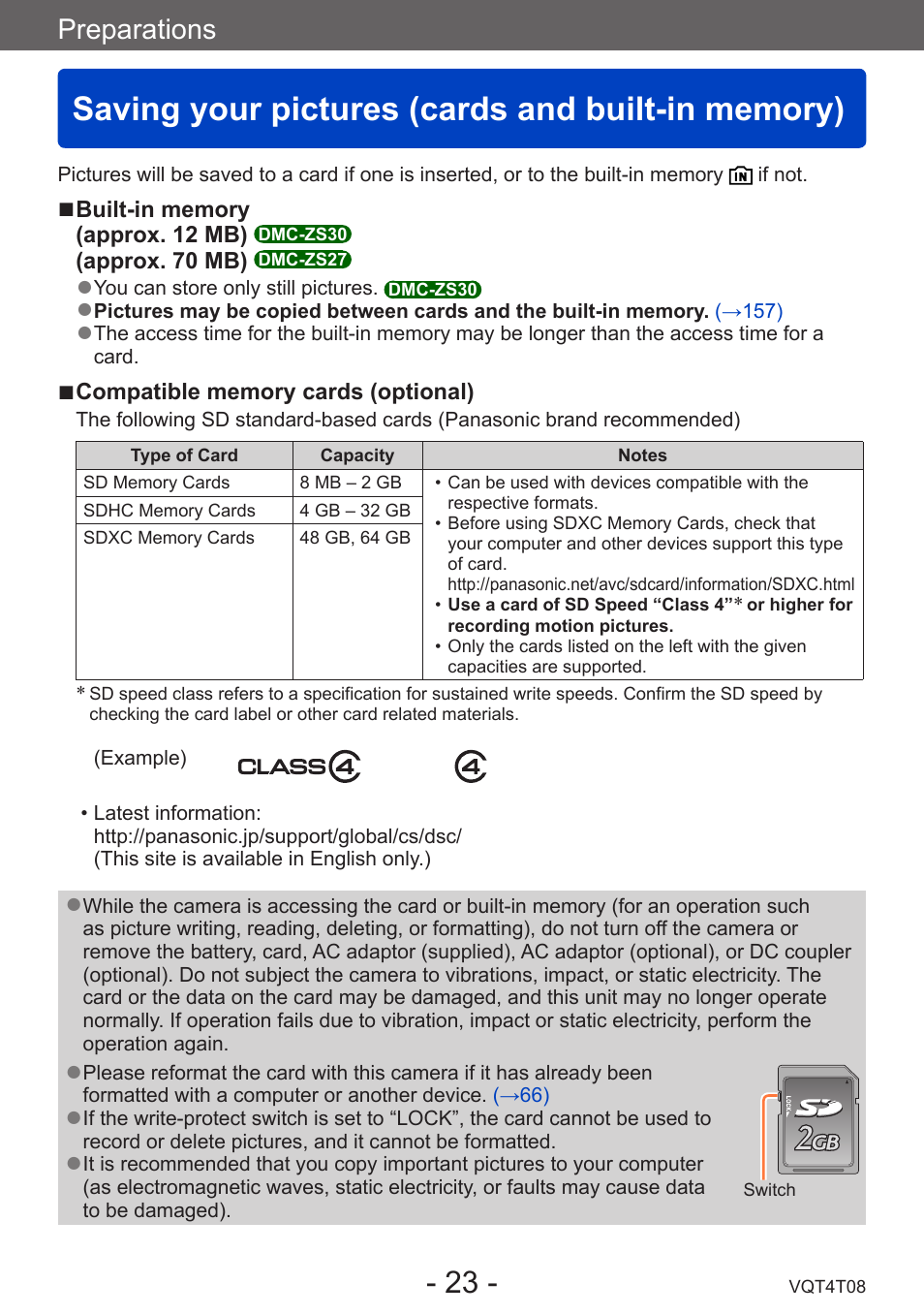 Saving your pictures (cards and built-in memory), Saving your pictures, Cards and built-in memory) | Preparations | Panasonic DMC-ZS30K User Manual | Page 23 / 314