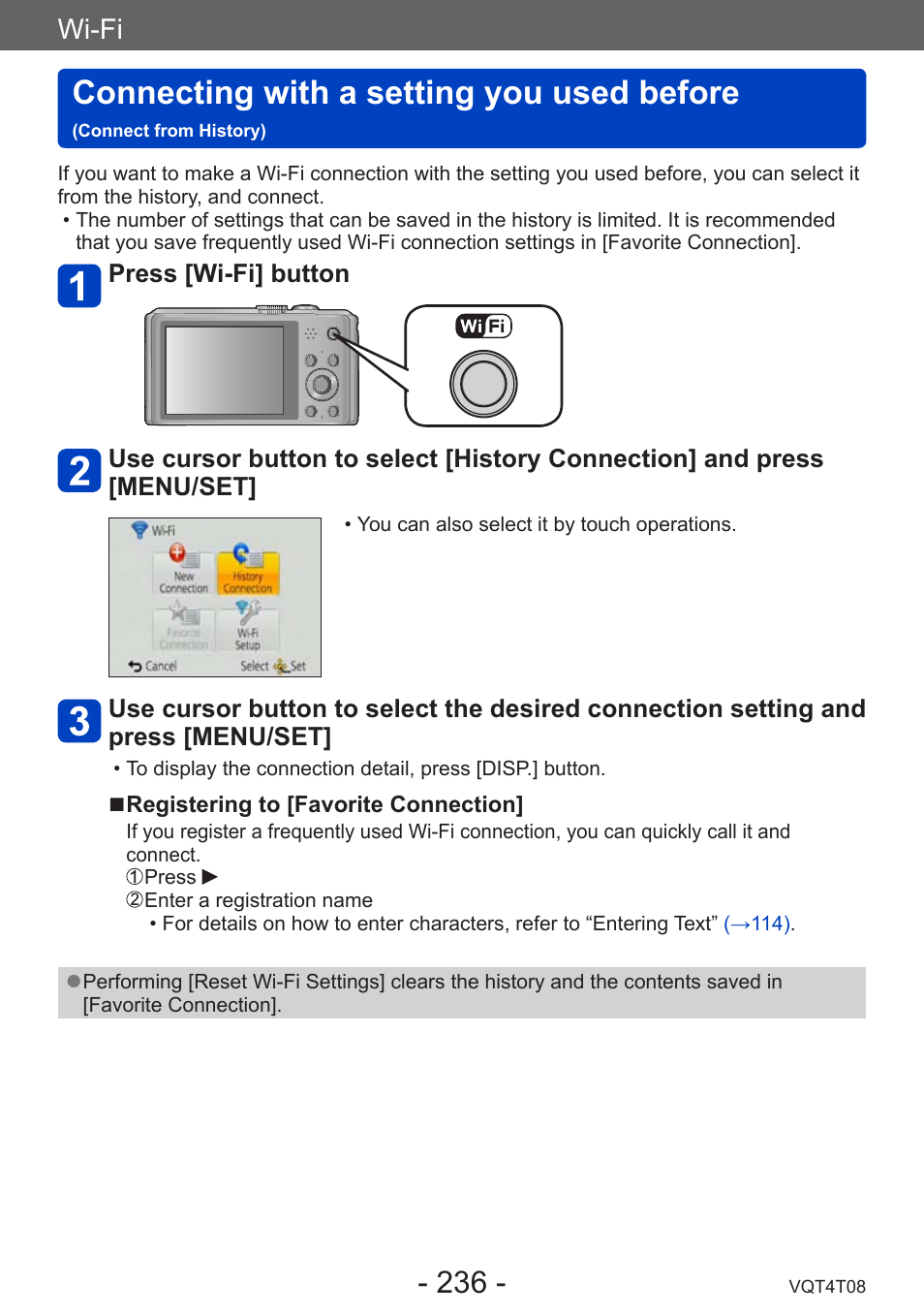 Connecting with a setting you used, Before (connect from history), Connecting with a setting you used before | Wi-fi | Panasonic DMC-ZS30K User Manual | Page 236 / 314