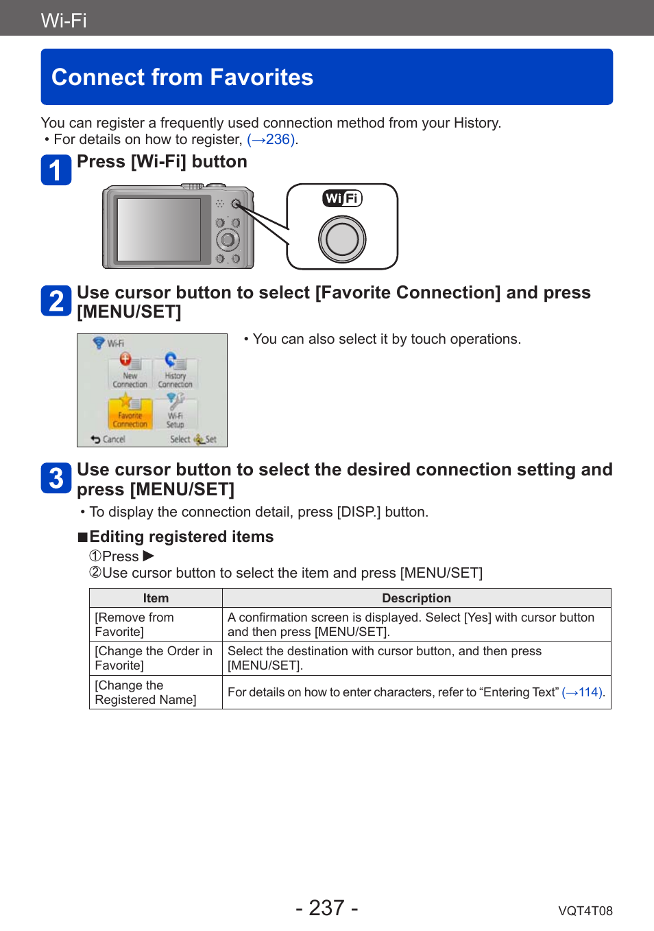 Connect from favorites, Wi-fi | Panasonic DMC-ZS30K User Manual | Page 237 / 314