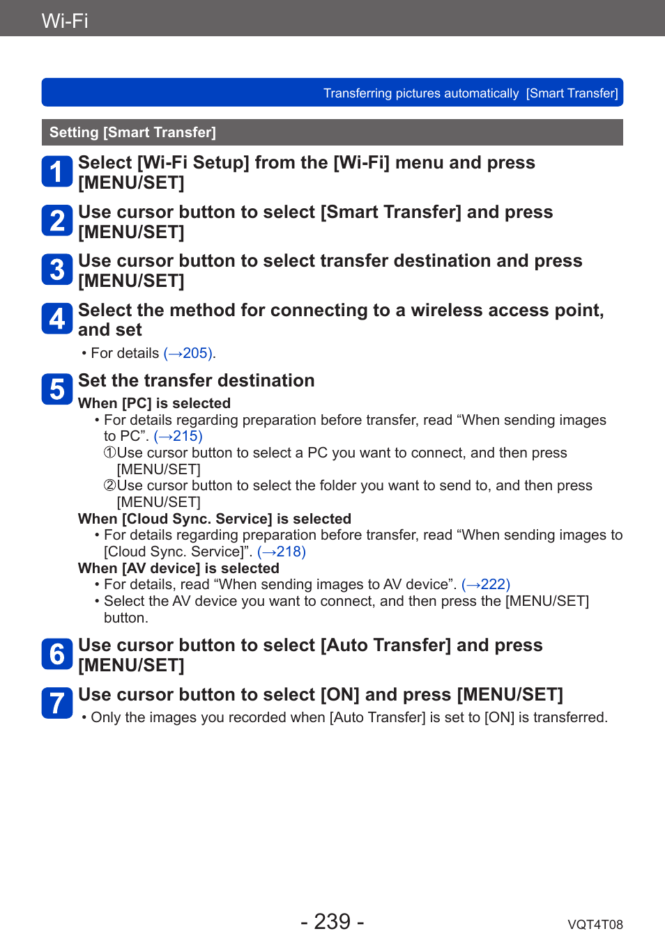 Setting [smart transfer, Wi-fi, Set the transfer destination | Panasonic DMC-ZS30K User Manual | Page 239 / 314