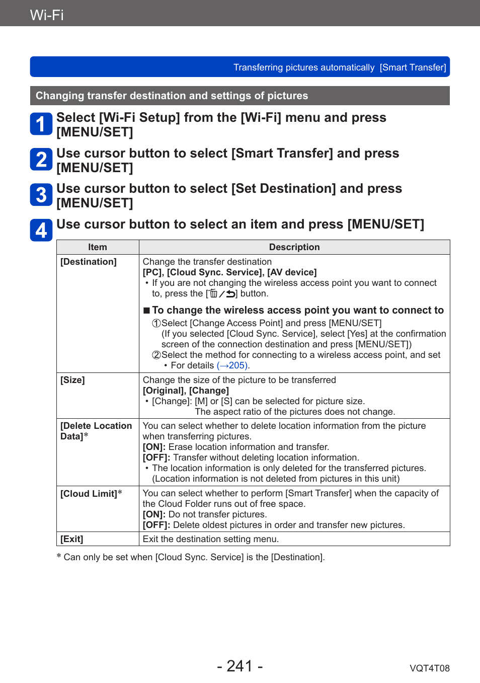 Changing transfer destination and, Settings of pictures, Wi-fi | Panasonic DMC-ZS30K User Manual | Page 241 / 314