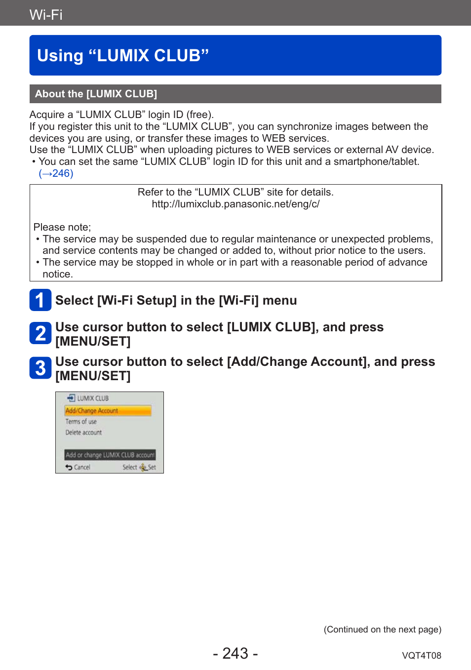 Using “lumix club, About the [lumix club, Wi-fi | Panasonic DMC-ZS30K User Manual | Page 243 / 314