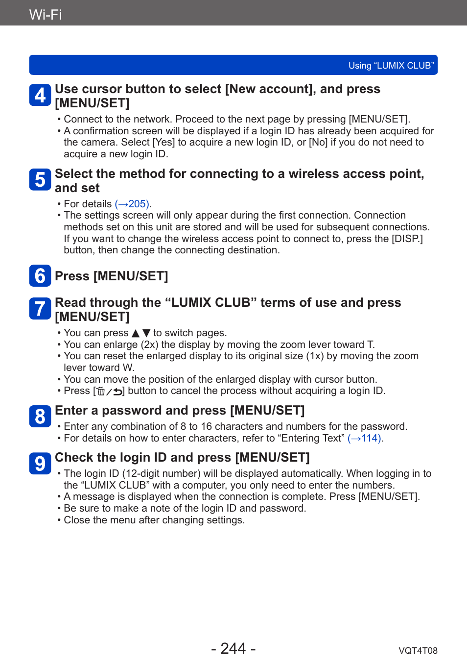 Wi-fi, Enter a password and press [menu/set, Check the login id and press [menu/set | Panasonic DMC-ZS30K User Manual | Page 244 / 314