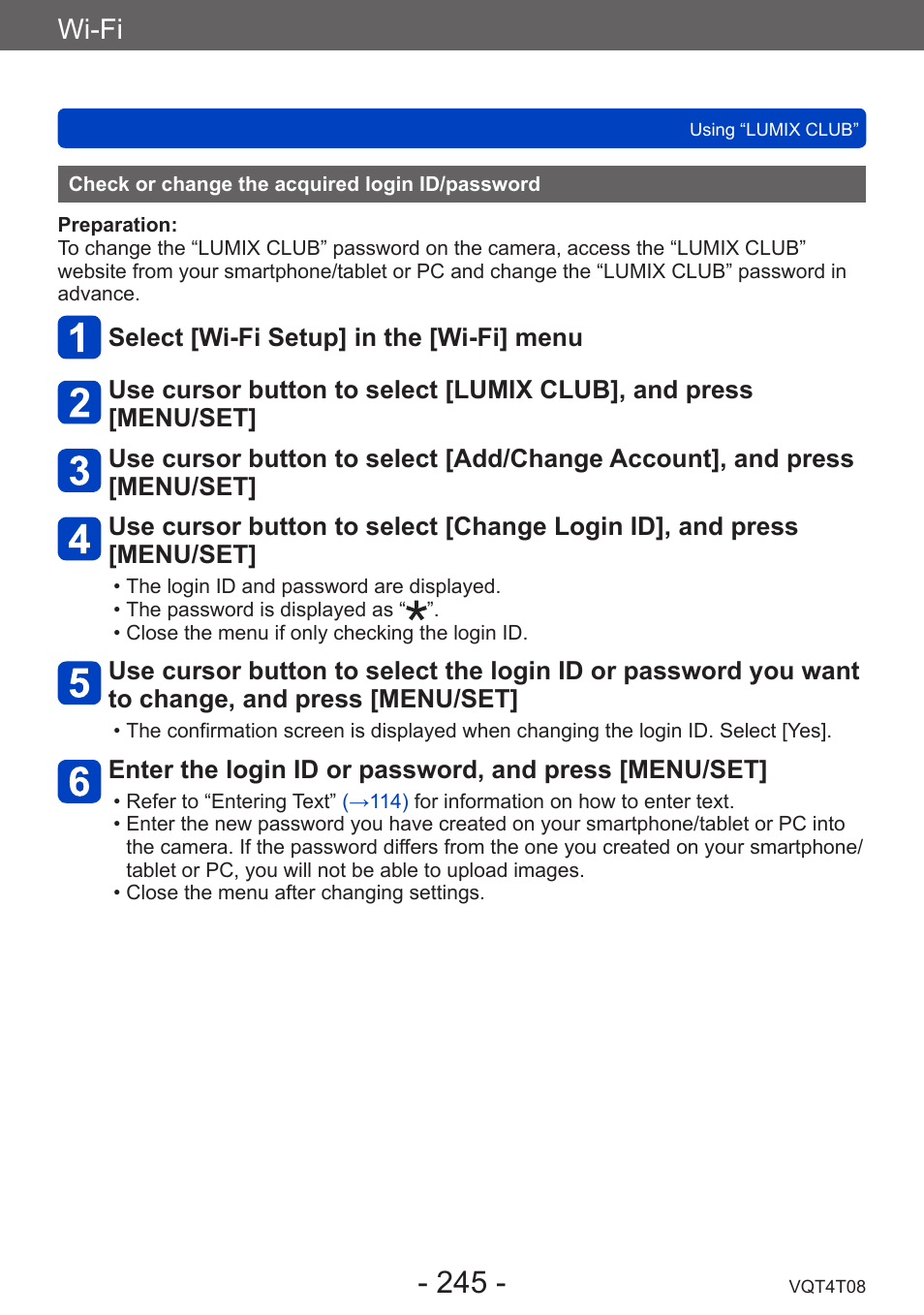 Check or change the acquired login id/password, Check or change the acquired login, Id/password | Wi-fi | Panasonic DMC-ZS30K User Manual | Page 245 / 314