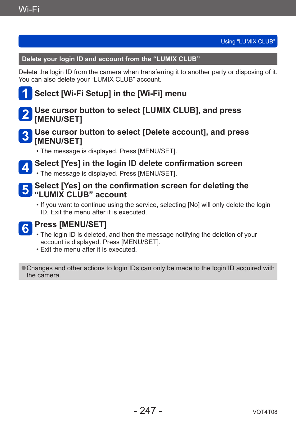 Delete your login id and account from, The “lumix club, Wi-fi | Panasonic DMC-ZS30K User Manual | Page 247 / 314
