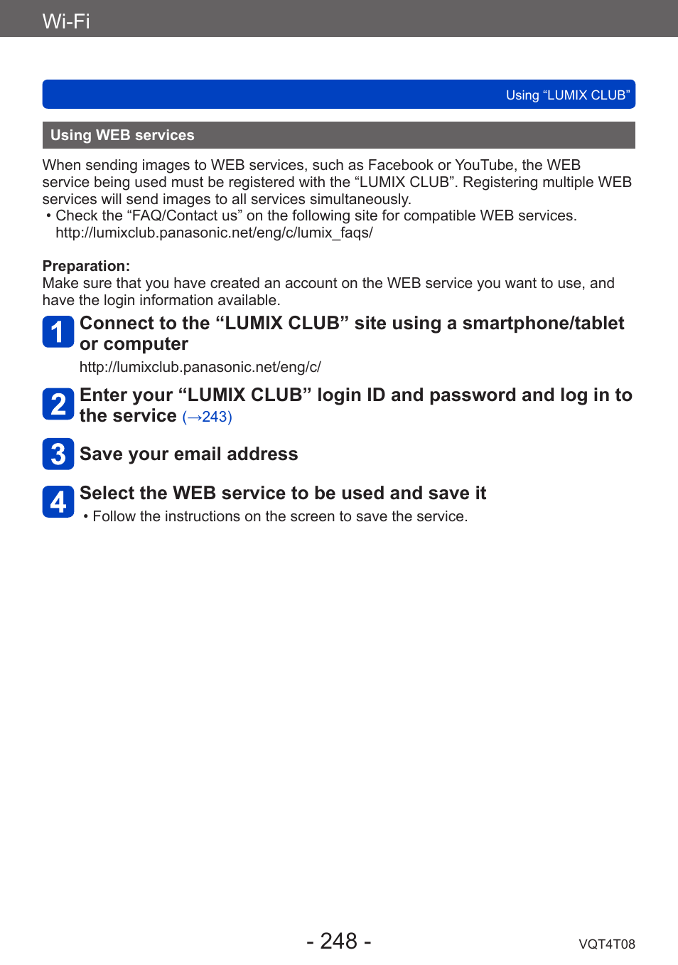 Using web services, Wi-fi | Panasonic DMC-ZS30K User Manual | Page 248 / 314