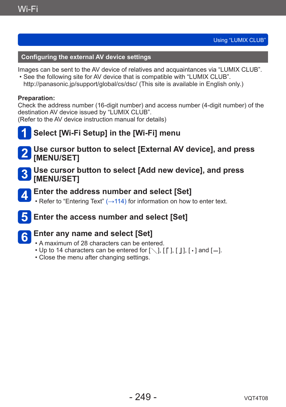 Configuring the external av device settings, Configuring the external av device, Settings | Wi-fi | Panasonic DMC-ZS30K User Manual | Page 249 / 314